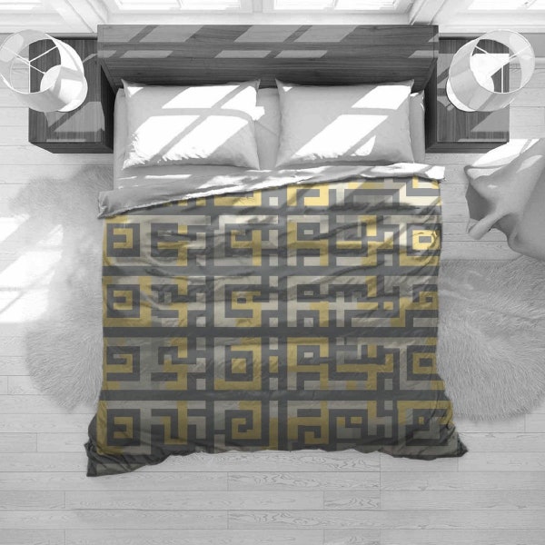 Greek Key Bedding Geometric Comforter Grey Duvet Cover Yellow Bedspread Custom Girl Boy  Personalized Gift