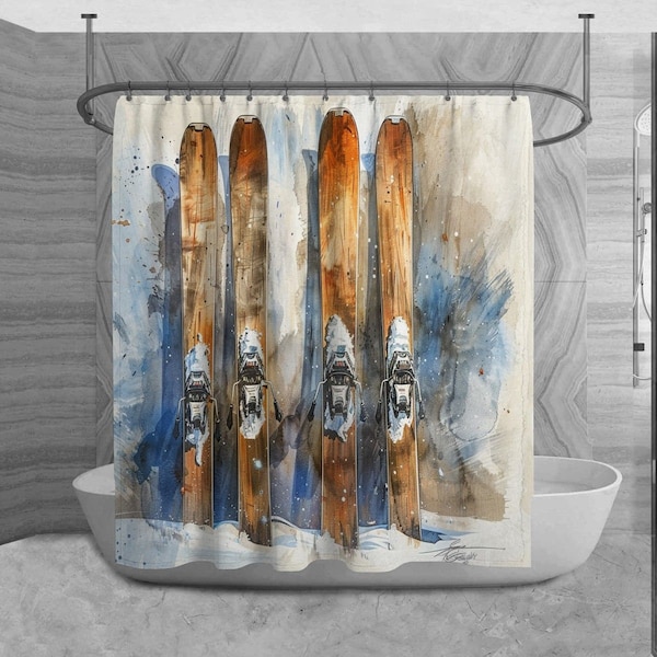 Ski Gear Shower Curtain, Winter Sports Bathroom Decor, Snowy Slopes Bath mat, Seasonal Towels, Adventurous Bath Decor Ideas