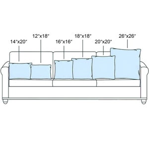 May include: A line drawing of a sofa with five throw pillows of different sizes. The pillows are labeled with their dimensions in inches: 14"x20", 12"x18", 16"x16", 18"x18", 20"x20", and 26"x26".