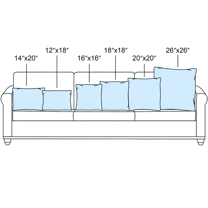 May include: A line drawing of a sofa with five throw pillows of different sizes. The pillows are labeled with their dimensions in inches: 14"x20", 12"x18", 16"x16", 18"x18", 20"x20", and 26"x26".