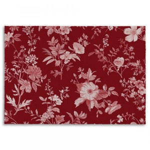 May include: A rectangular, red floral pattern featuring white and light red botanical illustrations. The design includes various flowers, leaves, and stems, creating a detailed and elegant aesthetic. The background is a solid, deep red.