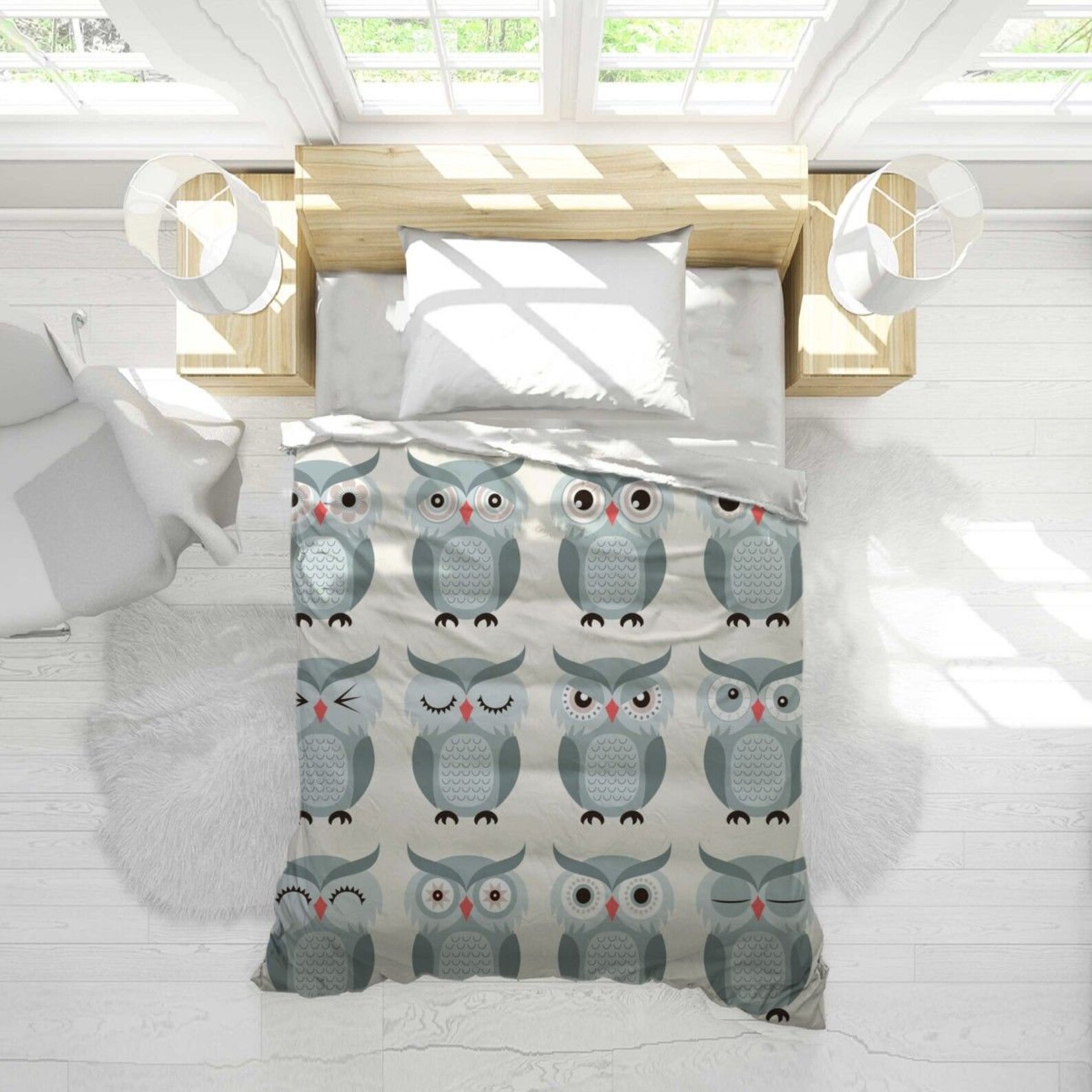 Owl Duvets Cute Grey Owls Duvet Cover White Bedding Gray Etsy