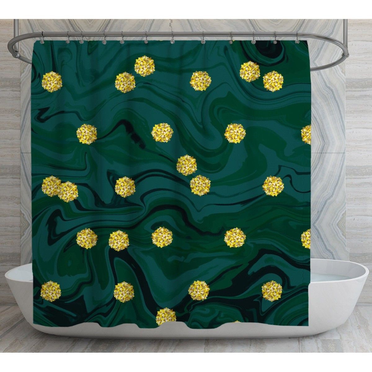 Marble Effect Shower Curtains Gold Circles On Green Marble Etsy