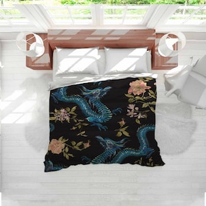 Oriental Comforters Asian Floral Duvets Dragons Pattern Comforter Mythical Creatures Duvet Cover Blue Dragon Print Bedding