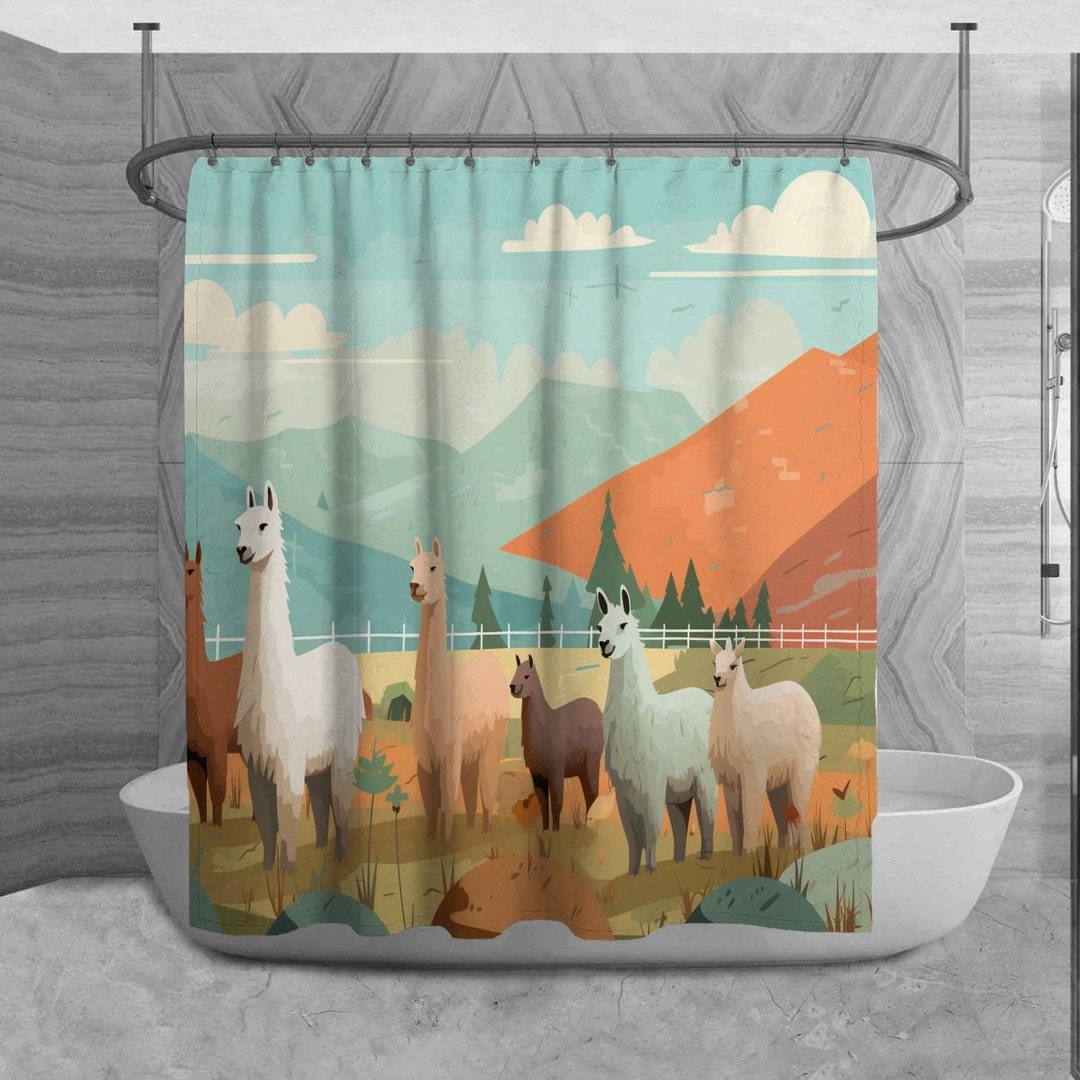 Llama Shower Curtain Alpaca Bathroom Decor Farm Animal Bath Etsy