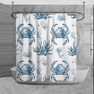 Crab Shower Curtains Sea Crabs And Corals Shower Curtain White And Bluish Grey Shower Curtains Coral Reef Shower Curtain Coastal Bath