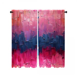 May include: Two-panel window curtains with an abstract oil painting design. The artwork features a textured, layered effect with shades of red, pink, purple, and navy blue. The curtains are hung on a black rod, adding a touch of elegance to the room.