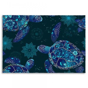May include: A seamless pattern featuring blue and gold sea turtles with intricate floral designs on a dark green background.