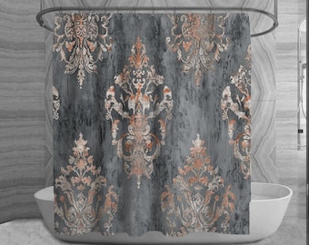 Vintage Gray Shower Curtains Damask Pattern Shower Curtain Distressed Print Decor Grey Bathroom Victorian Bath Decor