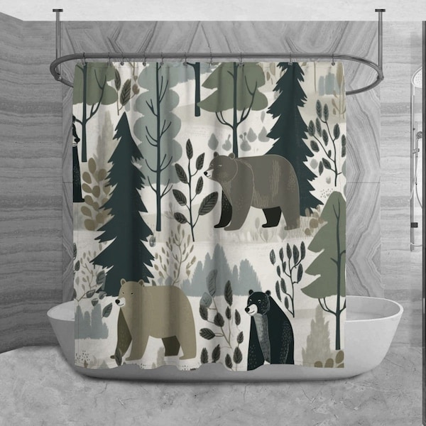 Bear Shower Curtain, Grizzly Bear Bathroom Decor, Forest Bear Bath Decor, Wildlife Bathroom Curtain, Woodland Home Decor