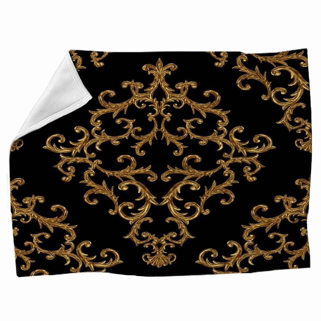 Black and Gold Damask Blankets Damask Pattern Fleece Blanket Damask