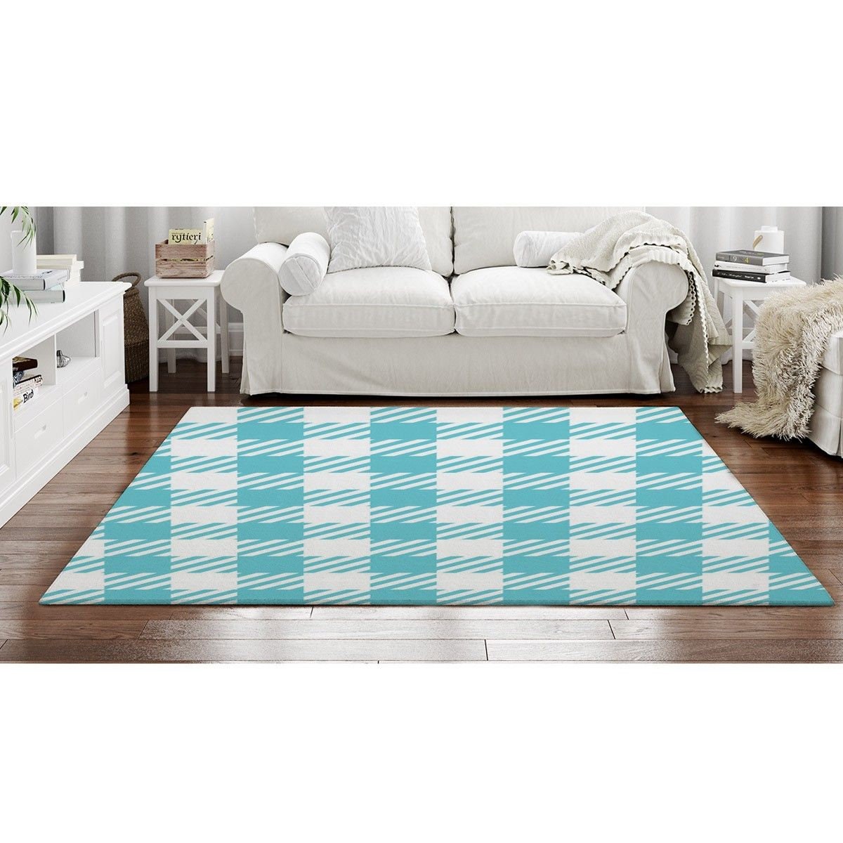 Turquoise Checks With Stripe Rug Blue Checkered Area Rugs Etsy UK