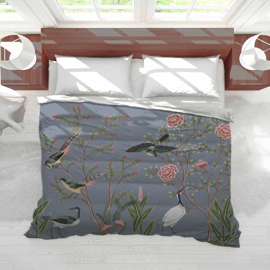 Graue Bettdecke Graue Chinoiserie Muster Bettbezug Blumen | Etsy