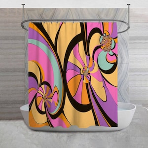 May include: A vibrant shower curtain with a retro, psychedelic design. The curtain features swirling patterns in shades of pink, orange, yellow, purple, and teal, with black outlines. The design includes floral-like shapes, creating a bold and colorful statement for any bathroom.