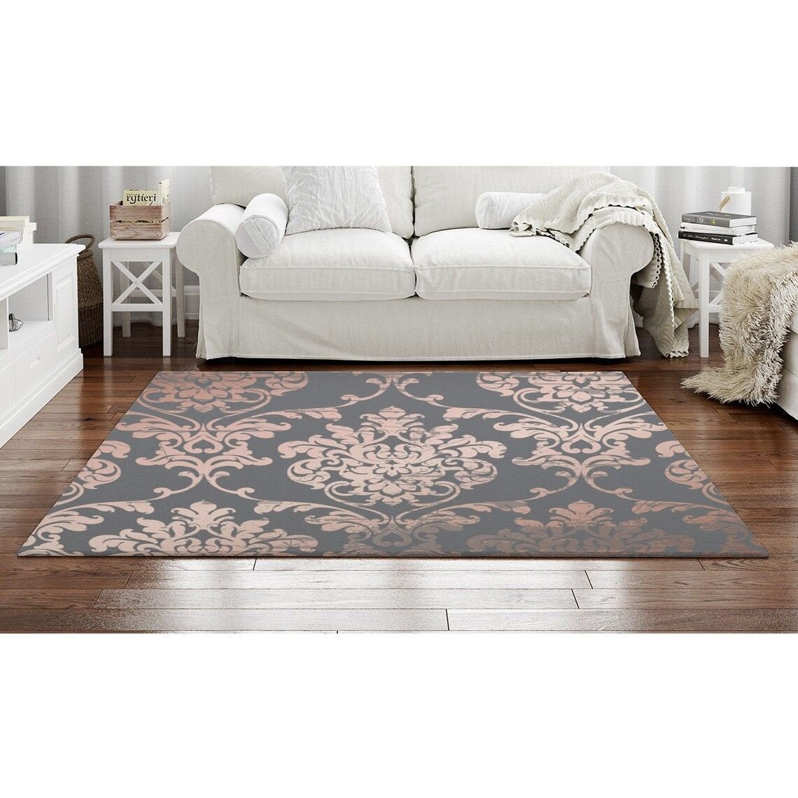 Grey And Pink Rugs Vintage Area Rug Grey And Pink Damask Etsy