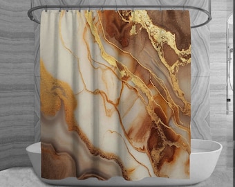 Gold And Brown Shower Curtain, Brown Marble Shower Curtain, Modern Bath Curtain, Housewarming Gift