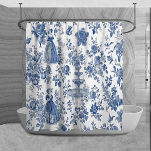 Blue White French Toile Print Shower Curtains Vintage Pattern Bathroom Decor Country Cottage Farmhouse Bath Decor French Shower Curtains