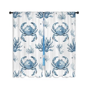 Crab Window Curtains Sea Crabs And Corals Curtains White And Bluish Grey Drapes Coral Reef Curtain Panel Coastal Curtain