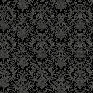 May include: A black and white damask pattern with a repeating design of stylized flowers and leaves.