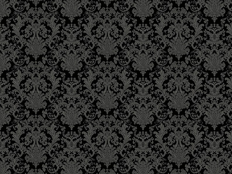 May include: A black and white damask pattern with a repeating design of stylized flowers and leaves.