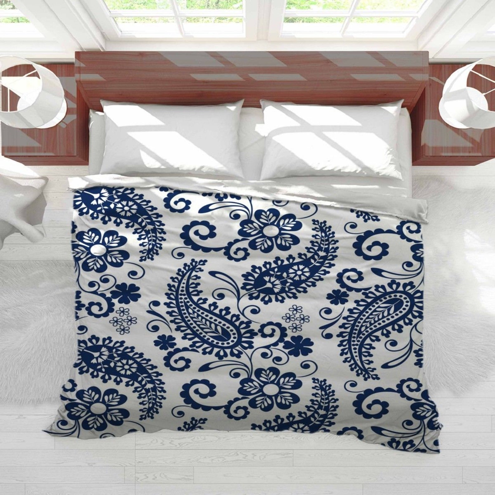Paisley Blue Fabric Duvet Cover Blue And White Bedding White Etsy