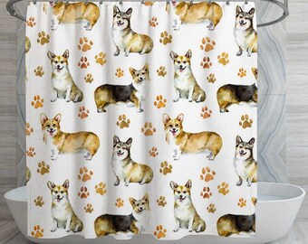 Dog Decor Cute Welsh Corgi Bathroom Fabric Shower Curtain Set 71X71 Inches 