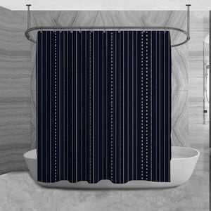 May include: A navy blue shower curtain with white pinstripes. The shower curtain has a curved bottom edge and is hanging from a curved shower rod.