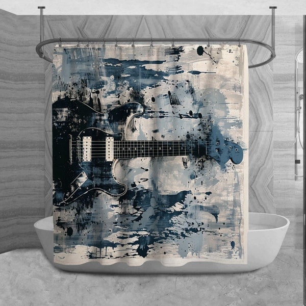 Guitar Shower Curtain, Music Bathroom Decor, Instrument Bath mat, Painterly Towels, Contemporary Bath Decor Ideas