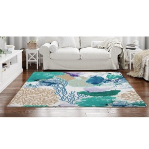 Beach House Rug, Coral Area Rug for Living Room, Nautical Ocean Area Rug, Coastal Rug Home Decor