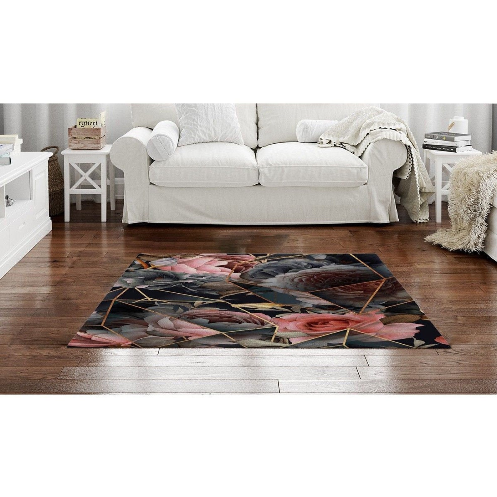 Black And Pink Geometric Floral Area Rug Geometric Area Rug Etsy