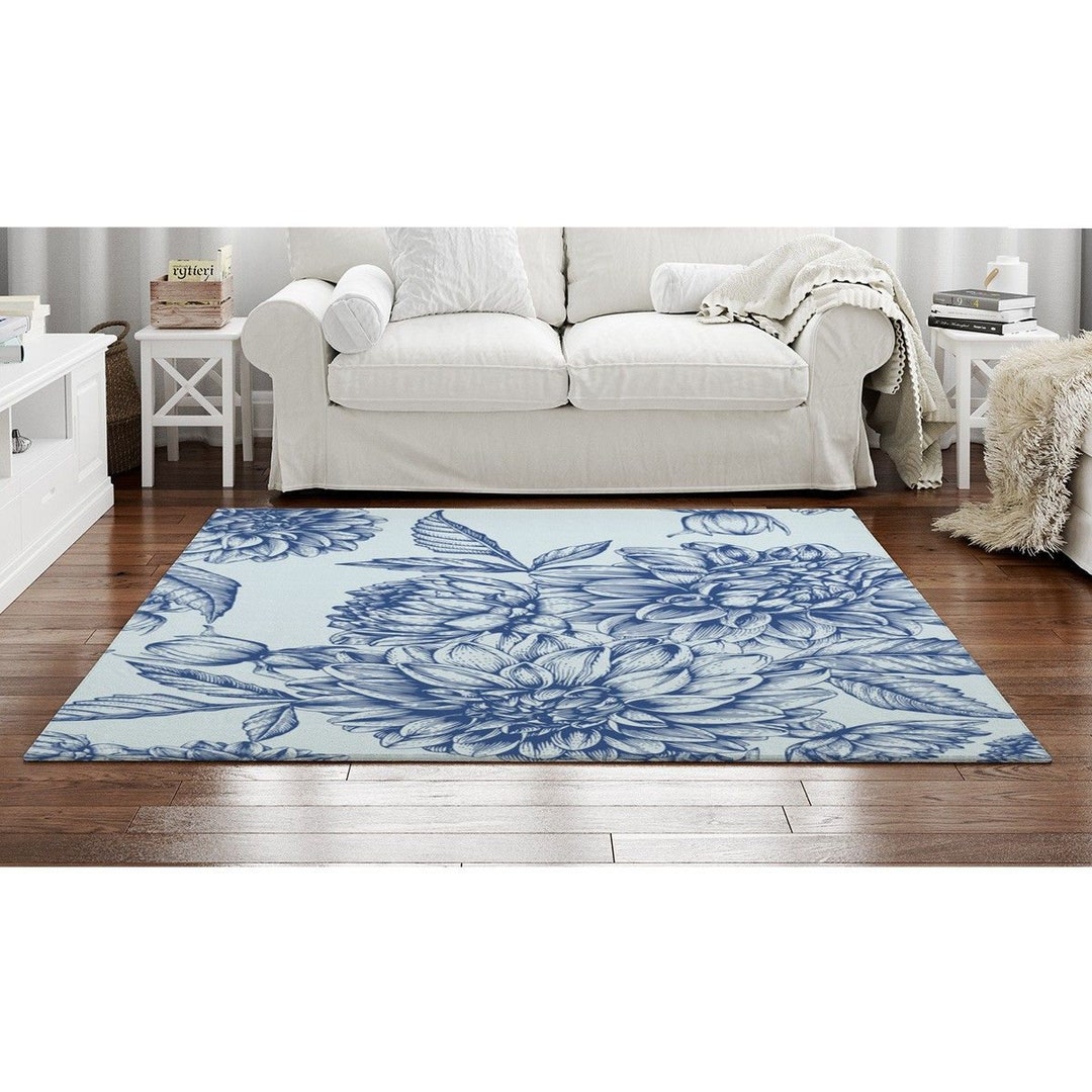Blue Floral Area Rug: Personalized Flower Accent Rug - Etsy