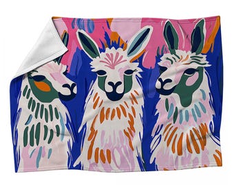 Llama Art Deco Sherpa Fleece Blanket, Whimsical Animal Throw Home Decor