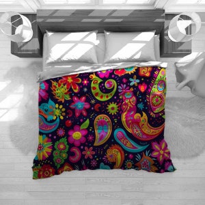 Hippie Comforter Colorful Duvets  Paisley Bedding 60s Funky Art Print Neon Print Duvets Artistic  Design 60's Artsy Comforters