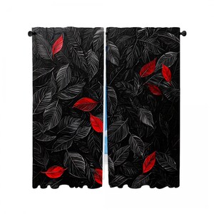 May include: Black and white leaf-patterned curtains with a few red leaves scattered throughout. The curtains are hung on a white background. The leaves have a textured appearance, creating a striking contrast.