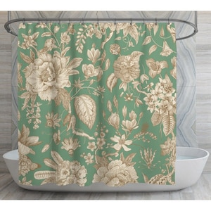 Traditional Floral Shower Curtains French Flower Artwork Shower Curtain Beige On Mint Background Shower Curtains Green Toile Shower