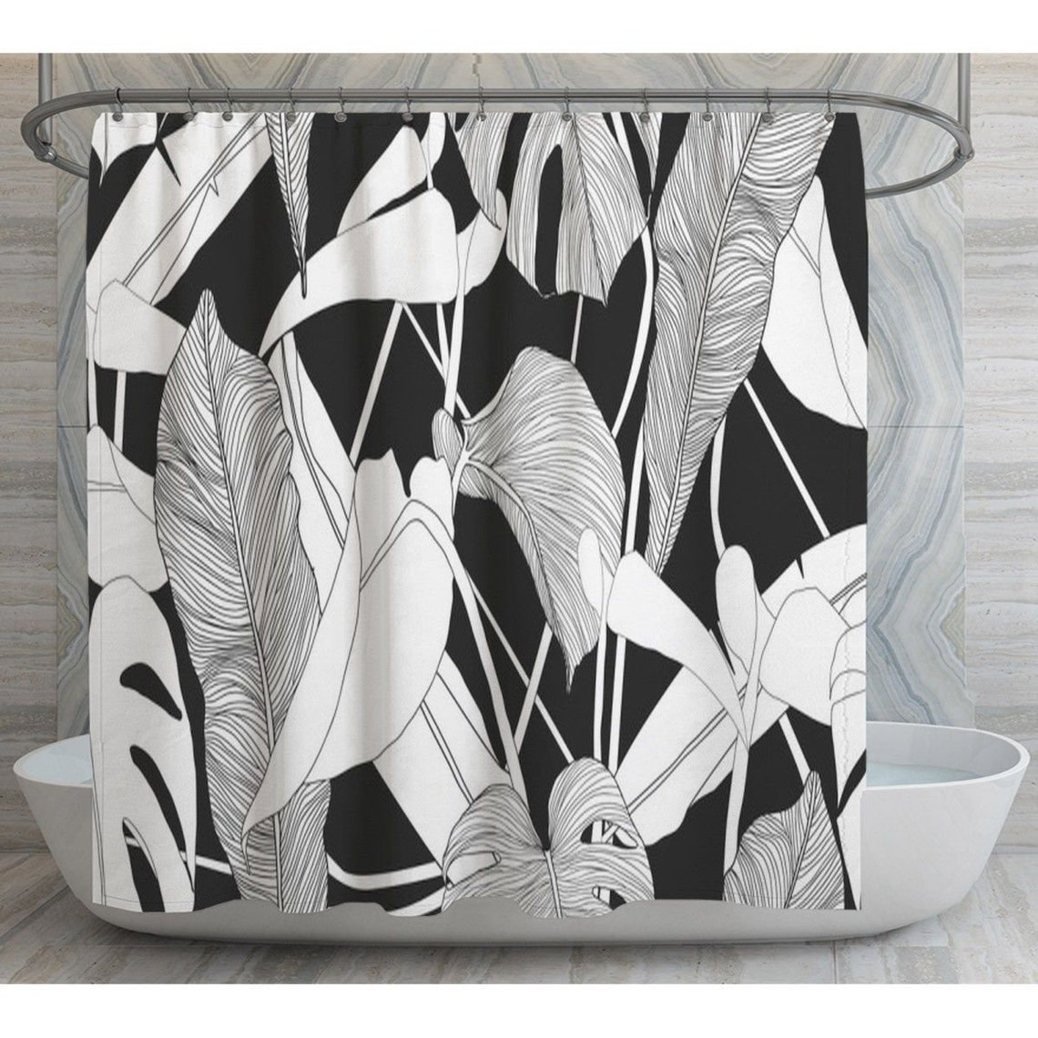 Black and White Tropical Leaves Shower Curtain Palm Leaves Etsy