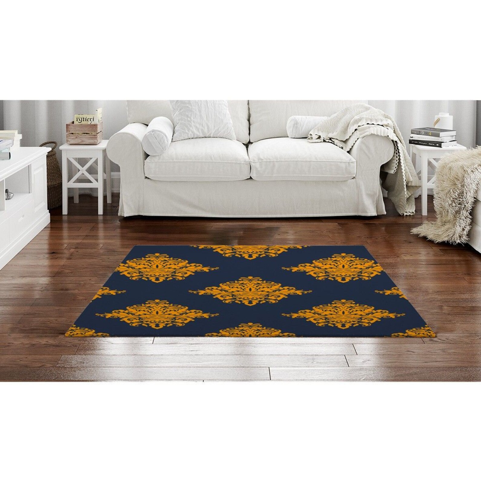 Blue And Yellow Rugs Navy Area Rug Blue And Yellow Damask Etsy