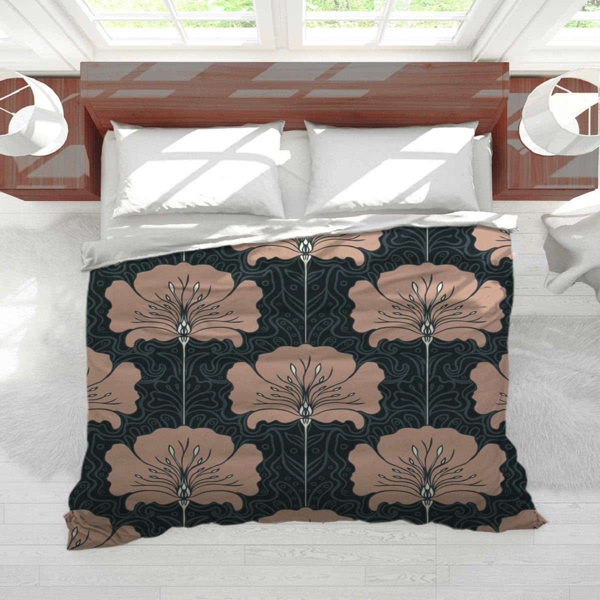 Art Nouveau Bedding Nude Pink Abstract Flowers On Grey Etsy