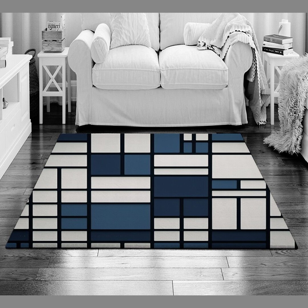 Mondrian Rug Modern Decor Large Rug Blue Living Room Rug Navy Etsy