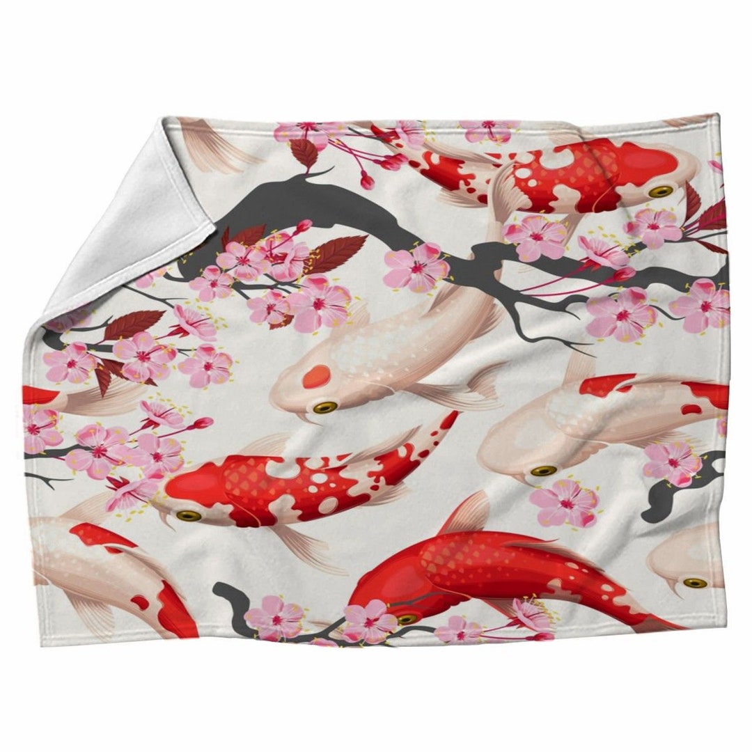 Red and Pink Blankets Koi Fish and Sakura Print Fleece Blanket Cream Pink and Red Blanket