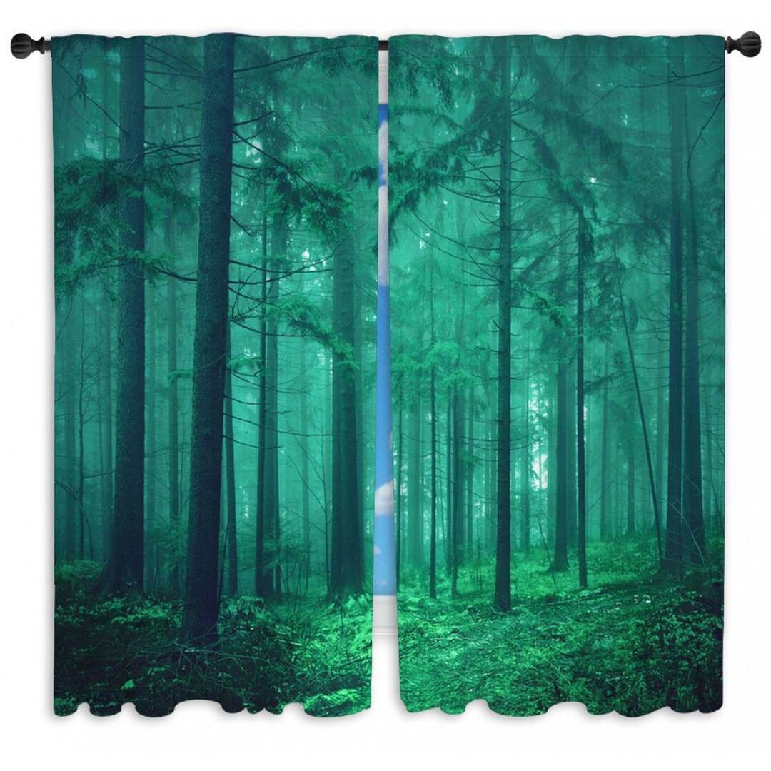 Forest Green Window Curtains Foggy Forest Print Curtains Dark Etsy