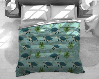 Turtle Bedding, Tortoise Bedding Set, Nautical Comforter, Boat House Duvet Cover, Coastal Home Decor