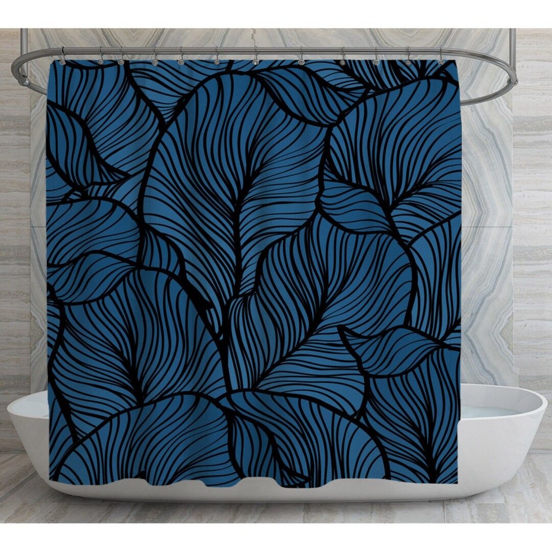 Leaves Shower Curtain Dark Blue Shower Curtain Abstract Leaves Print