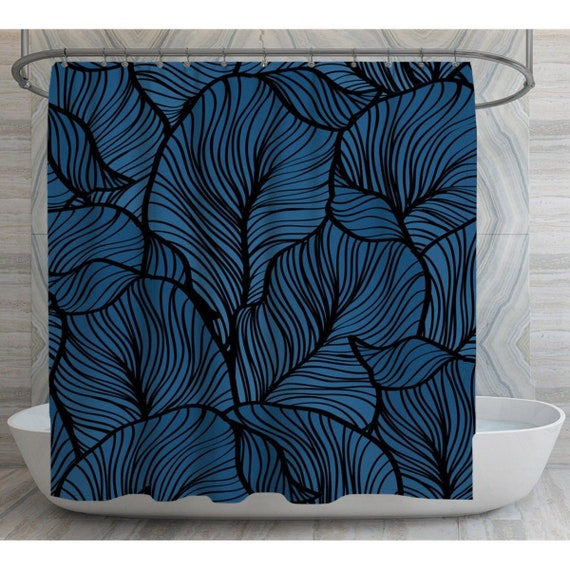 Leaves Shower Curtain Dark Blue Shower Curtain Abstract Etsy