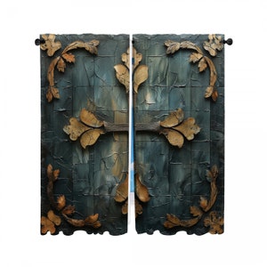 May include: A pair of decorative window curtains. The curtains feature a textured, dark teal background with a grid-like pattern. Gold-colored, leaf-like embellishments and a horizontal branch-like element adorn the front of the curtains.