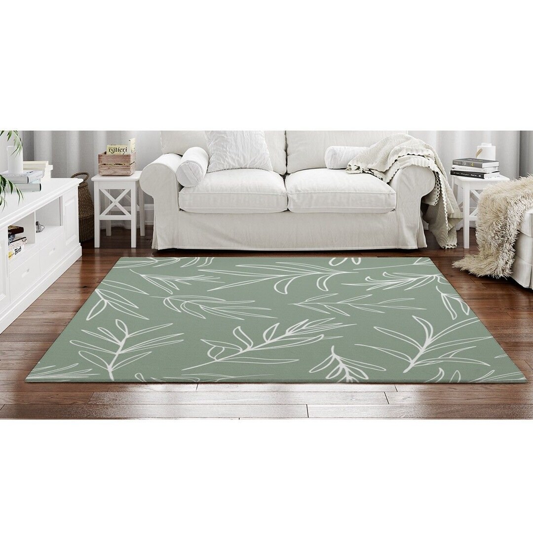 Sage Green Rugs White Vector Leaves on Green Area Rug Olive - Etsy