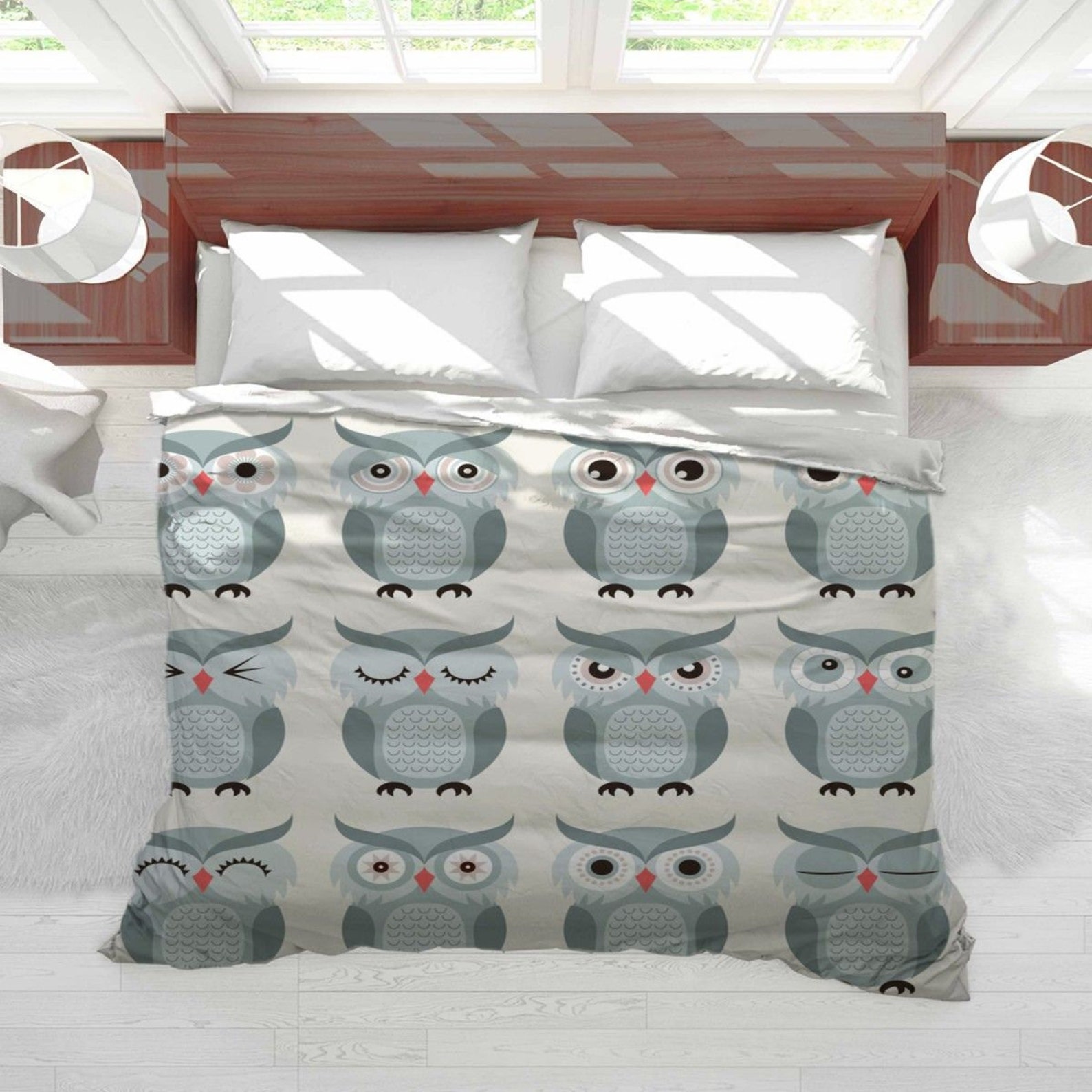 Owl Duvets Cute Grey Owls Duvet Cover White Bedding Gray Etsy
