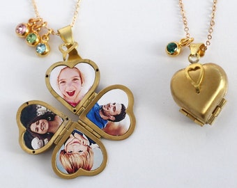 vintage heart locket Necklaces, Family locket, memorial locket, Four Photos Heart Locket, Clover locket,  gift for mom Mother's Day gift