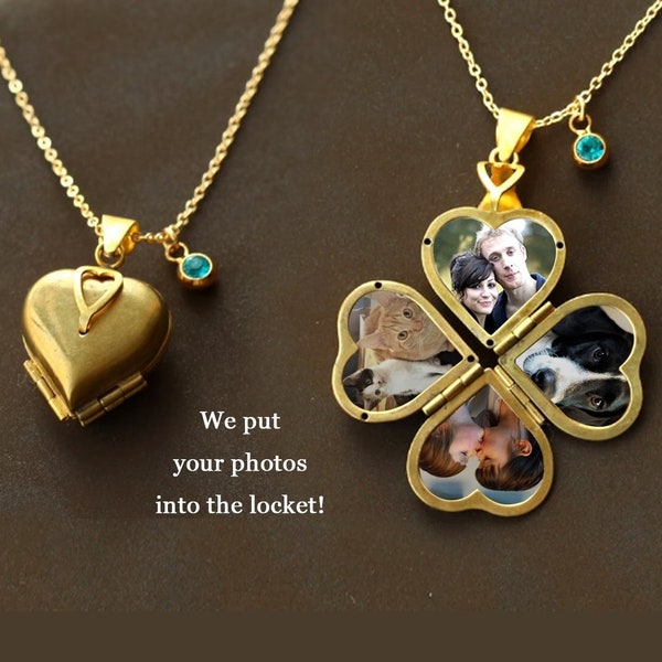 mother's Day gift vintage heart locket Necklace Family locket, Four Photos Heart Locket, Clover locket, BirthStone necklace, gift for mom