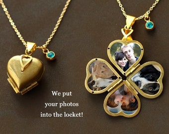 mother's Day gift vintage heart locket Necklace Family locket, Four Photos Heart Locket, Clover locket, BirthStone necklace, gift for mom